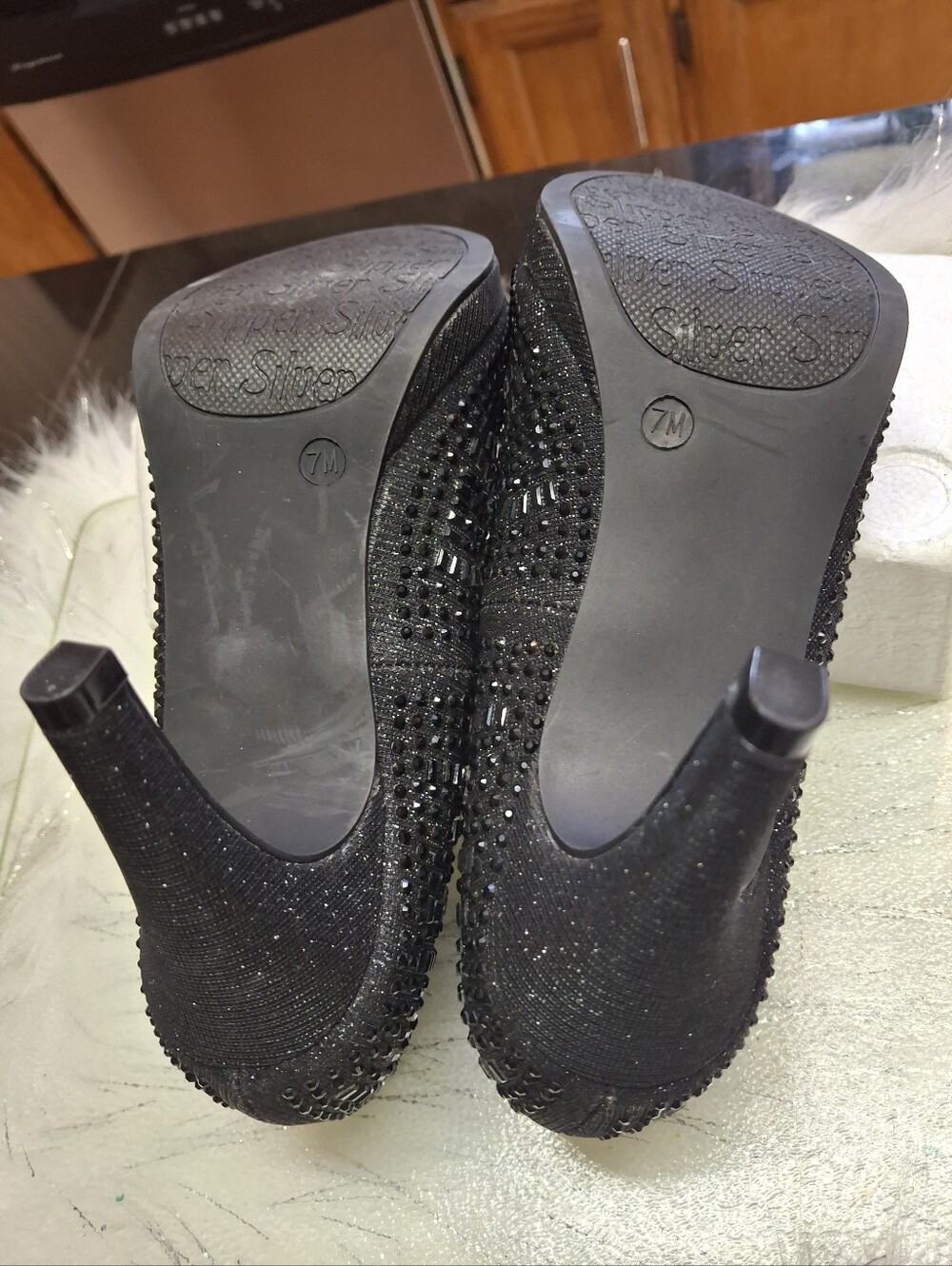 Silver Slipper Black Embellished Rhinestone Pumps Dress Heels Women Size 6 - Picture 12 of 16
